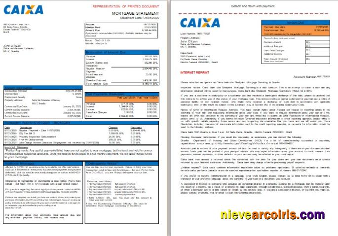 Brazil Caixa bank mortgage statement, 3 pages, 1-2